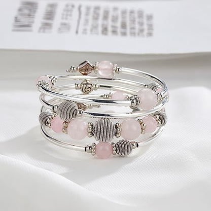 PEARL&CLUB Beaded Chakra Bangle Turquoise Bracelet - Fashion Jewelry Wrap Bracelet with Thick Silver Metal and Mala Beads, Birthday Gifts For Women - color: Pink crystal