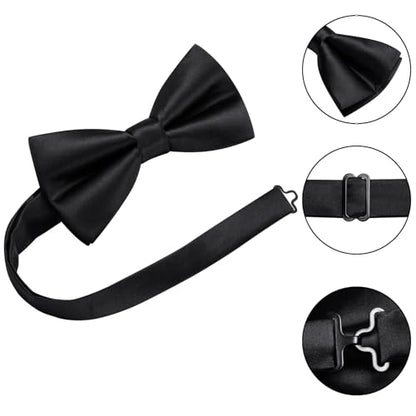 Hi-Tie 5Pcs Mens Solid Color Silk Tie Satin Pretied Bowtie Lapel Pin for Men Handkerchief Cufflink Wedding Gift Box - color: Black