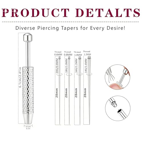 Piercing Tapered Ball Grabbing Tool for Jewelry Replacement - 14G 16G 18G 20G Stainless Steel Flat Back Earring Applicator Tool Threaded, Internal Threaded, External Threaded Body Piercing Insertion Needle Kit for Ear/Nose/Navel/Nipple/Lip/Eyebrow/Tongue