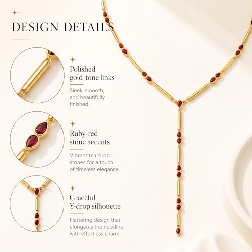 Gold Y Necklace for Women with Red Cubic Zirconia Dainty Lariat Chain, Minimalist Jewelry Gift for Her For Wedding, Anniversary, Birthday, Graduation, Party, Holiday