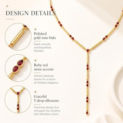 Gold Y Necklace for Women with Red Cubic Zirconia Dainty Lariat Chain, Minimalist Jewelry Gift for Her For Wedding, Anniversary, Birthday, Graduation, Party, Holiday