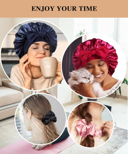 2+3 Large Satin Bonnets with Scrunchies for Women, Hair Bonnet Sleeping Tie Bonnet for Braids Curly Hair - color: G - Wine Red, Navy
