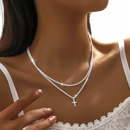 Layered Plated Silver Cross Necklace Sparkle Chain Dainty Jewelry for Women - color: A-Style