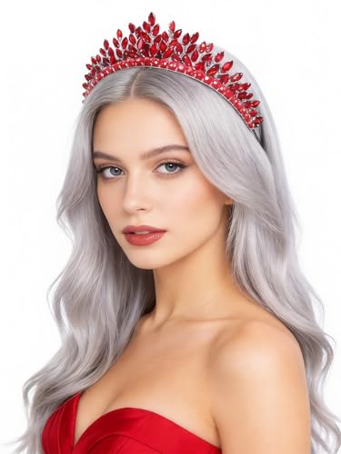 Bridal Rhinestone Headband Wedding Hair Accessories for Women, Pearl Crystal Headband Wedding Costume Headpieces for Brides Princess Quinceanera Christmas Party Prom Birthday(Red) - color: Red