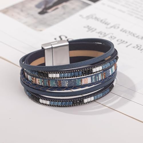 Women's Multi Layer Leather Wrap Bracelet String Bracelets for Women, Boho Braid Multi-Layer Crystal Beads Cuff Women Bracelet Jewelry - color: Blue