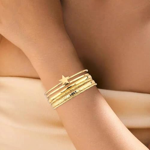Gold Layer Bangle Bracelets for Women Dainty Star Charm Half Open Cuff Multi Textured Bangles Adjustable Stackable Hand Chain Non Tarnish Punk Statement Jewelry Boho Beach Jewelry Stacked