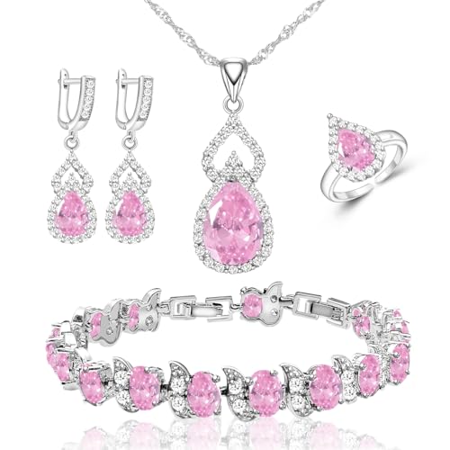 LMXXVJ Women Jewelry Set Platinum Plated Necklace Open Ring Earrings Bracelet Set,Birthday/Anniversary Mother’s Day Jewelry Gifts for Mom/Wife/Sister/Best Friend - color: Pink