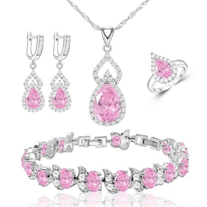 LMXXVJ Women Jewelry Set Platinum Plated Necklace Open Ring Earrings Bracelet Set,Birthday/Anniversary Mother’s Day Jewelry Gifts for Mom/Wife/Sister/Best Friend - color: Pink