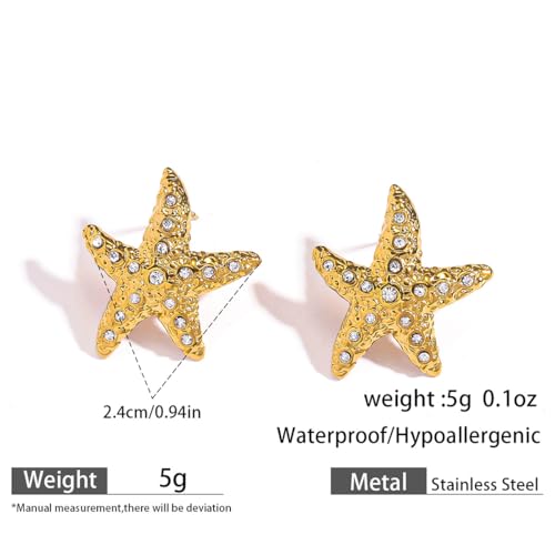 Gold Statement Earrings For Women, 14K Gold Plated Textured Geometric Drop Earrings - Hypoallergenic Stainless Steel Statement Earrings for Women, Waterproof Fan-Shaped Dangle Earrings for Beach & Daily Wear - color: Starfish CZ DKE252030GL