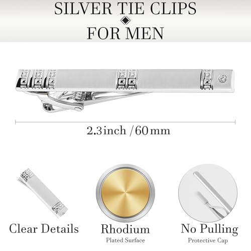 HAWSON Light Gold Silver Tie Clips for Mens Necktie, Elegant Satin Tie Bars Pins Tacks, Suit Tie Accessories Business Wedding Gifts - style: Light Silver Classic 3 With Rhinestones