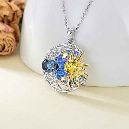 AOBOCO 925 Sterling Silver Moon Sun Star Necklace Celtic Jewelry for Women Girls - color: Silver&Gold&Blue&Purple Opal