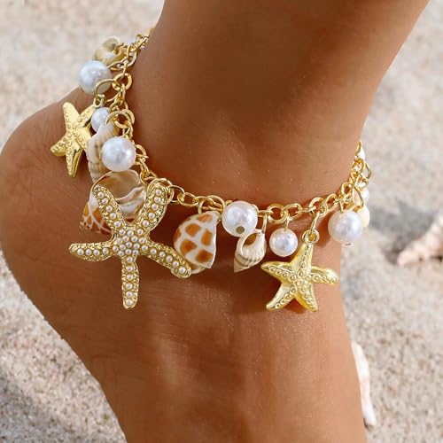 Qceasiy Shell Ankle Bracelets for Women, Boho Beaded Beach Anklet Set | Seashell, Heart, Starfish and Conch Styles, Gold-Tone, Stretch or Adjustable Fit, Layered Beach Vacation Jewelry Gifts - color: Gold 3