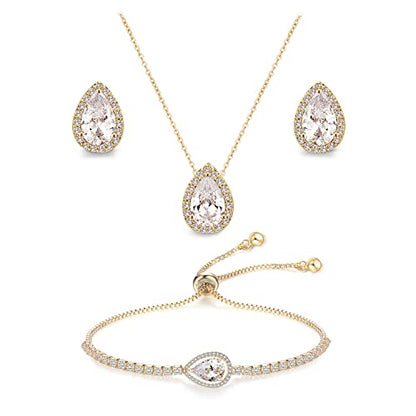 Teardrop Cubic Zirconia Jewelry Set Necklace Earrings Bracelet Bridal Wedding Jewelry for Women Bridesmaid Prom Party - color: 3 Set-18K Gold