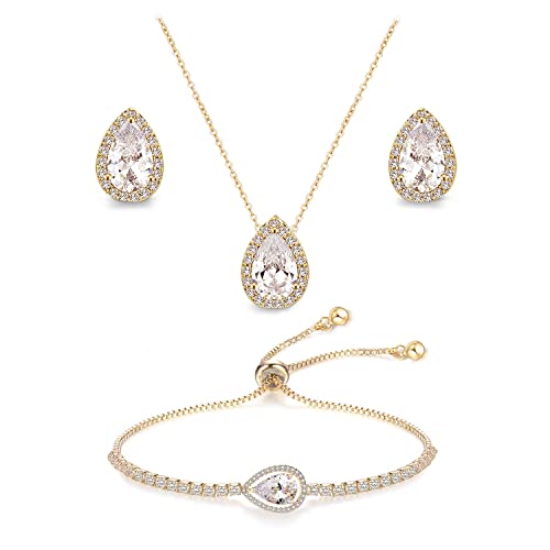 Teardrop Cubic Zirconia Jewelry Set Necklace Earrings Bracelet Bridal Wedding Jewelry for Women Bridesmaid Prom Party - color: 3 Set-18K Gold