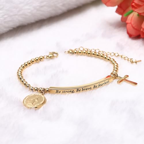 DS Inspirational Bracelet for Women Christian Engraved Bibler Verse Cross Butterfly Daisies Charm Bracelet, Exquisite Stainless Steel Jewelry Daughter Best Friend Bestie - style: Be strong,Be brave,Be fearless.You are never alone-Gold