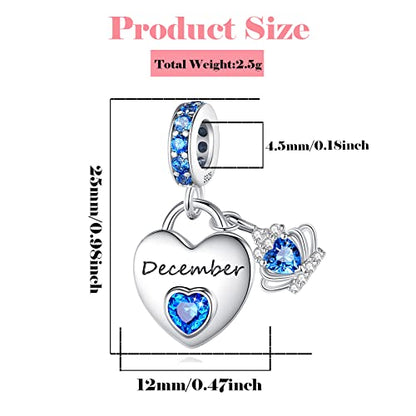 Birthstone Charms for Charms Bracelet: 925 Sterling Silver Heart Dangle Charms for Bracelets and Necklaces, Birthday Mother's Day Christmas Gifts For Women. - color: December