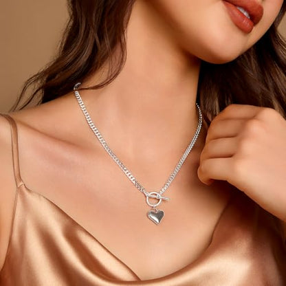 Zeffy 14K Gold/Silver Plated Chunky Thick Chain Toggle Clasp Necklace Dainty Baroque Pearl/Heart/Cross/Turquoise Pendant Necklace - color: Silver Small Heart Necklace