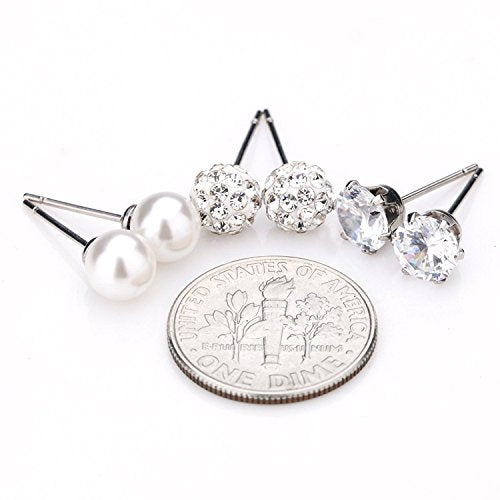 JewelrieShop Birthstone Studs Earring Set Cubic Zirconia Rhinestones Crystal Ball Faux Pearl Stainless Steel Stud Earrings for Women Jewelry Gift (6mm Round,3 Pairs) - color: 4) Apr. - White