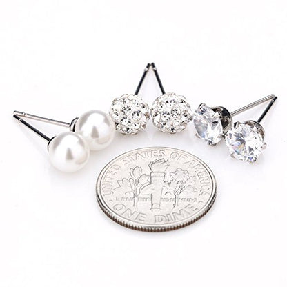 JewelrieShop Birthstone Studs Earring Set Cubic Zirconia Rhinestones Crystal Ball Faux Pearl Stainless Steel Stud Earrings for Women Jewelry Gift (6mm Round,3 Pairs) - color: 4) Apr. - White