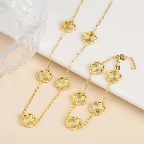 14K Gold-Filled Clover Necklace For Women - Classic Five-Leaf Flower Set Bracelet Necklace Earrings Jewelry Set, Five Leaf Clover Necklaces Dainty Lucky Clover Jewelry - color: Gold - Clover Necklace