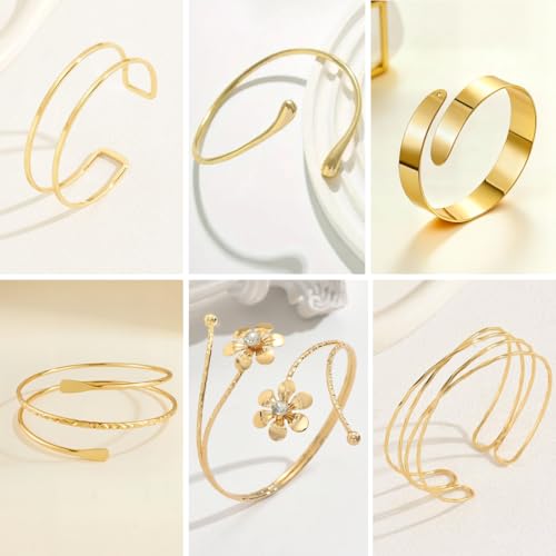 ItsStarred Minimalist Arm Cuff Gold Plated, Upper Arm Cuff Bangle Bracelet for Women, Adjustable Arm band Set 6 Pieces - color: E: Gold Plated Coil