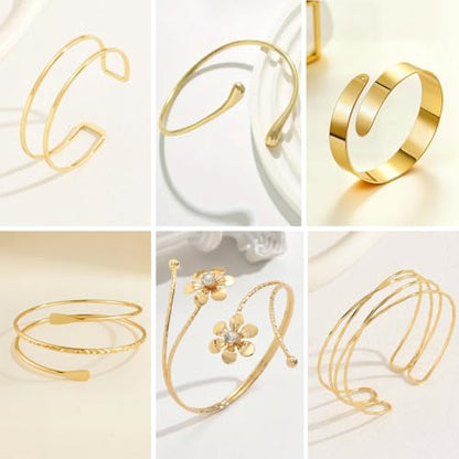 ItsStarred Minimalist Arm Cuff Gold Plated, Upper Arm Cuff Bangle Bracelet for Women, Adjustable Arm band Set 6 Pieces - color: E: Gold Plated Coil