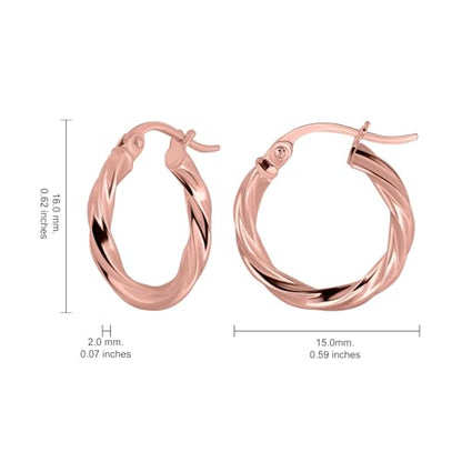 Hoops & Loops 925 Sterling Silver Twisted Hoop Earrings for Women - Hypoallergenic 14K Gold, Rose Gold, Black Flash Plated 2mm Thin Twist Design Round Click-Top Hoops, 15/20/25/30/35/40/50/60mm - color: Rose Gold-15mm (0.59 inch)