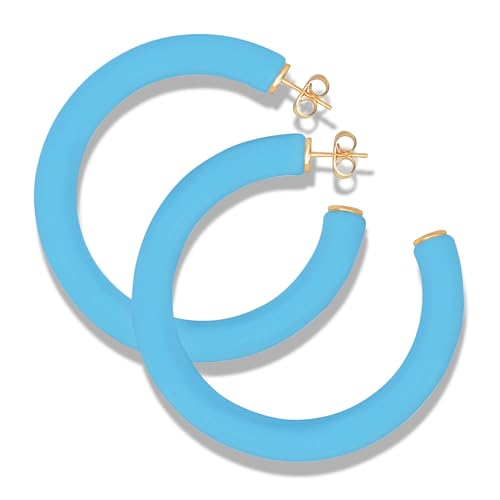 Gold Plated Multicolor Resin Chunky Thick Open Hoop Earrings in 57MM and 37.5MM Diameters - color: Blue - Bright - Matte Finish, size: 57MM (2.24") Diameter