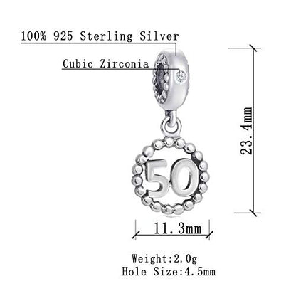 5,10,15,16,17,18,20,21,25,30,35,40,42,49,50,55,60,65,70 Number Charms for European Bracelet, 925 Sterling Silver Birthday Pendant Beads with CZ, Gifts for Mothers Day/Anniversary - color: Silver Color Number 50 Charm