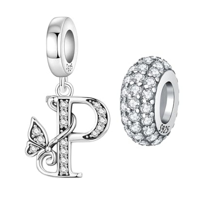 2 Pack 925 Sterling Silver Butterfly Letter Charms for Bracelets and Necklace Alphabet Initial Dangle Pendants Round Spacer Beads Pave Cubic Zirconia Jewelry Gift for Women - color: P Set