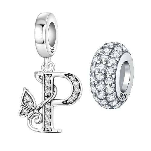 2 Pack 925 Sterling Silver Butterfly Letter Charms for Bracelets and Necklace Alphabet Initial Dangle Pendants Round Spacer Beads Pave Cubic Zirconia Jewelry Gift for Women - color: P Set