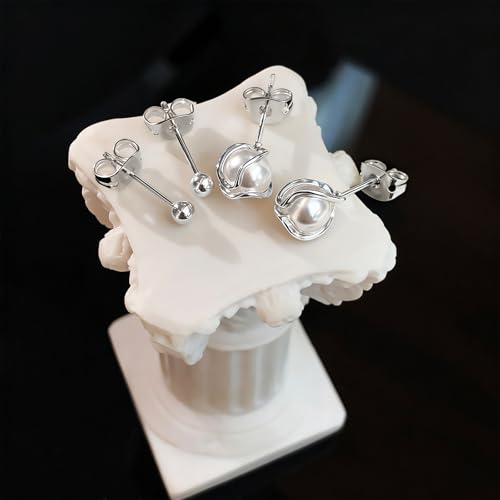 IMBOS Pearl Earrings 14k Gold Plated Daisy Flower Stud Earrings for Women Ball Stud Flat Back Earring Hypoallergenic Statement Earring Trendy Jewelry Gift for Women - color: Silver-Caged Pearl Ball