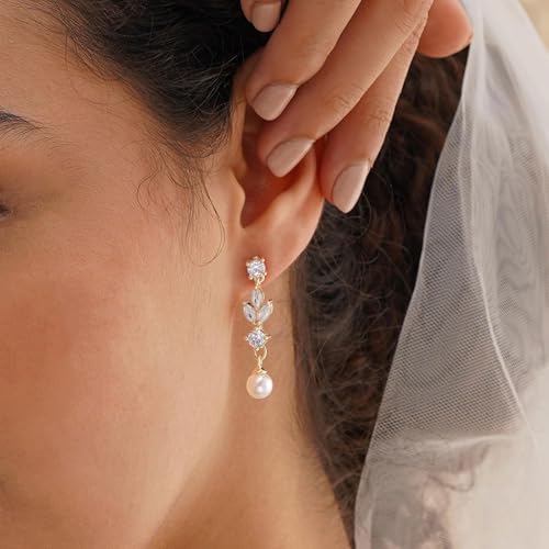Plenky Pearl Earrings-14K Gold Plated Dainty Pearl Drop Simple Wedding CZ Dangle Dangling Cute Stud Earrings for Brides Earrings for Women Gifts - style: 3 Leaf Pearl Earrings
