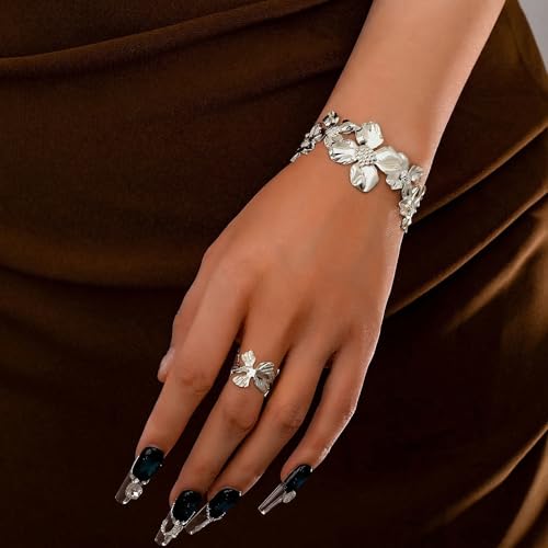 YWMAN Silver Flower Cuff Bracelet, Metallic Floral Chunky Bracelet for Women - color: Flower 1