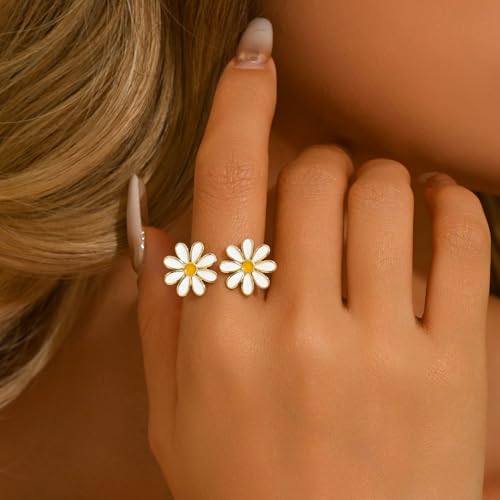 Adjustable Rings for Women 18K Gold Plated daisy Flower Butterfly Ball Cubic Zirconia Rings Dainty Open Stacking Ring - color: Double Daisy-Gold