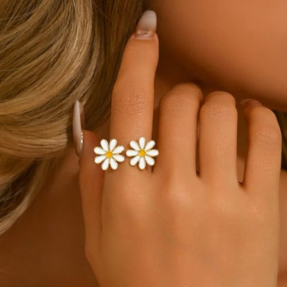 Adjustable Rings for Women 18K Gold Plated daisy Flower Butterfly Ball Cubic Zirconia Rings Dainty Open Stacking Ring - color: Double Daisy-Gold