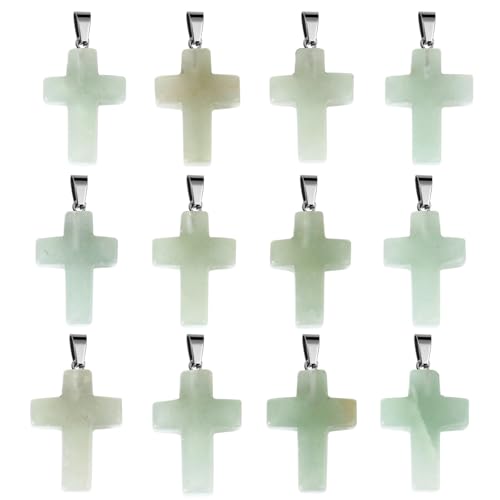 12PCS Natural Stone Cross Pendant Gemstone Charms Bulk for Jewelry Making | Healing Crystal Quartz Chakra Reiki Gemstone Pendants Charms Bulk for Necklace Craft - color: Green Aventurine Cross