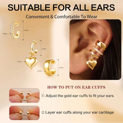 14K Gold Plated Layered Chunky Ear Cuff for Women Thick Ear Clips | Ear Cuff Earrings for Women,Hammered Texture design，Lightweight Hypoallergenic Ear Clips，trendy Jewelry for Daily Party Prom - color: gold 4