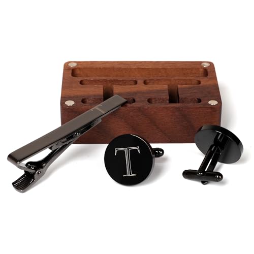 Mens Initial Cufflinks and Tie Clip A-Z Alphabet Letter Black Stainless Cuff Links Tie Bar with Engraved Walnut Wood Box Groom Groomsman Wedding Set - style: Classic-T