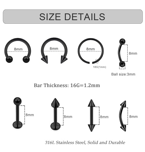 40Pcs 16G Lip Rings Stainless Steel Horseshoe Labret Monroe Lip Barbell Eyebrow Nose Ring Medusa Piercing Jewelry for Women Men - color: black