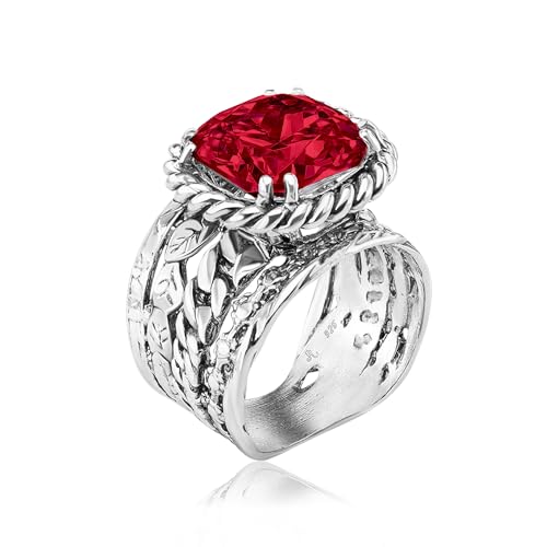 JEAN RACHEL JEWELRY 925 Sterling Silver Braid Leaf Cushion Ring | Ornate statement ring beautifully adorned with sculpted leaf motifs, twisted rope braids, and a CZ center stone. - color: Ruby CZ