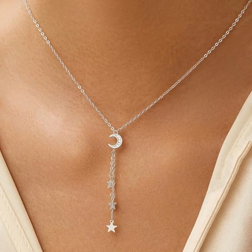 Dainty Crescent Moon Star Necklace for Women 925 Sterling Silver Y Shape Drop Lariat Necklace Trendy Pendant Choker Necklace Jewelry Birthday Ramadan Mothers Day Jewelry Gifts - color: Silver 2