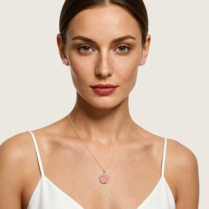 Enamel Rose Necklace and Earrings Jewelry Set for Women | 14K Gold Plated,Rose Represent: Love Gratitude Prid,Adjustable Chain Fit,Elegant Sets for Daily and Party Wear,Gift Box - color: Pink