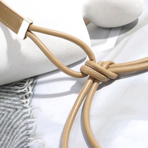 Women's Knotted Thin Waist Belt PU Leather Skinny Belts for Dresses Pants - color: Khaki