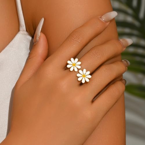 Adjustable Rings for Women 18K Gold Plated daisy Flower Butterfly Ball Cubic Zirconia Rings Dainty Open Stacking Ring - color: Double Daisy-Gold