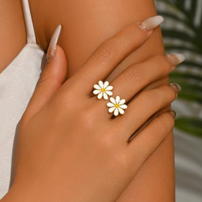 Adjustable Rings for Women 18K Gold Plated daisy Flower Butterfly Ball Cubic Zirconia Rings Dainty Open Stacking Ring - color: Double Daisy-Gold