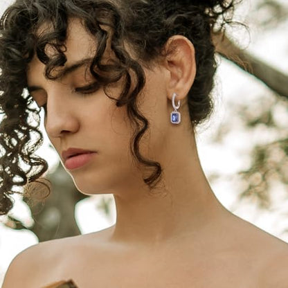 Women's Solitaire Dangle Drop Earrings 925 Sterling Silver Pure Square Huggie Earrings Hoop Dangle Drop Earrings Jewelry Gift - color: 12-tanzanite-Dec