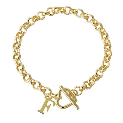 14K Gold Plated Stainless Steel A-Z Alphabet Letter Heart Bracelet | Non-Tarnish Dainty Charm with a Romantic Toggle Clasp Daily Fashion Jewelry, 7-inch Rolo Chain, Personalized Gift for Her - color: F