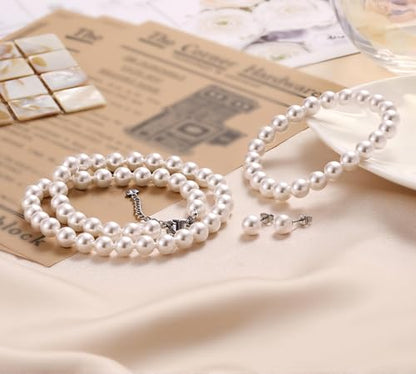 8mm Faux Pearl Necklace Set, Bracelet Earrings for Women & Girls | Glass Material, Handmade Jewelry Detail, Party & Formal Event Style - style: White 14.5 inches