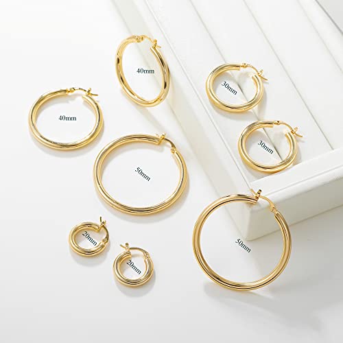 4mm Thick Gold Chunky Earrings Steling Silver Post Hoops Earrings For Women Hollow Tube Hoops Earrings Thick Gold Hoop Earrings Hypoallergenic Lightweight Gold Hoop Large Earrings 20/30/40/50/60MM - color: Gold,30mm
